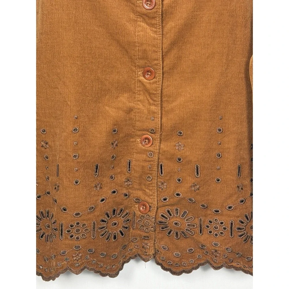 Madewell Corduroy Eyelet Embroidered Tie Sleeve Blouse Brown L Cottagecore